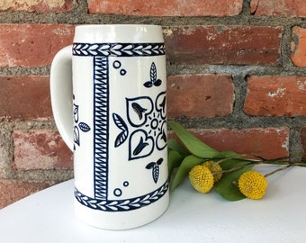 Ceramarte Blue Delft Beer Stein, Ceramic Floral Beer Mug, Anheuser Busch Budweiser, 70's Barware, Vintage Breweriania, Stoneware Beer Stein