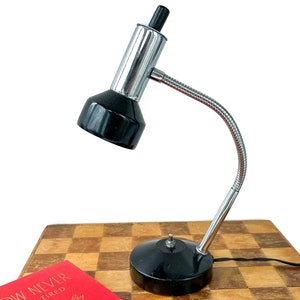 Vintage 1970&#39;s Gooseneck Desk Lamp, Chrome and Black Lamp, Flashlight Desk Lamp, Working Condition, MCM Office Decor, Industrial Desk Lamp