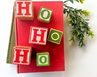 Vintage Christmas Blocks, Ho Ho Ho Wooden Alphabet Blocks, Red and Green Christmas Mantel Decorations, Farmhouse Christmas, Rustic Christmas