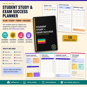 May include: A student study and exam success planner set featuring a black cover with yellow, teal, and pink accents. The set includes ten printable pages with layouts for weekly plans, exam countdowns, assignment trackers, and academic dashboards.