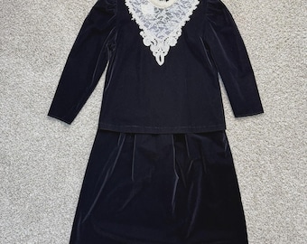 VTG 80s My Michelle Black Velvet Skirt Set 8P Lace Victorian Goth USA 2 Piece