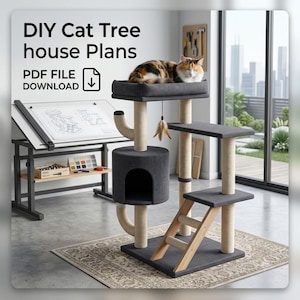 Può includere: Un tiragraffi a più livelli con piattaforme grigio scuro, un rifugio cilindrico e pali rivestiti in sisal. Un gatto calico riposa sulla piattaforma superiore. Testo: DIY Cat Tree house Plans, PDF FILE DOWNLOAD. Include un piccolo gioco.