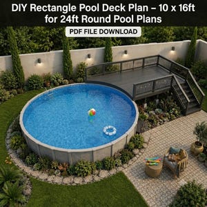 Pode incluir: Um plano digital para um deck de piscina retangular de 3,05 x 4,88 m para uma piscina redonda de 7,32 m, apresentado como download em PDF. A imagem mostra uma piscina circular elevada com um deck de madeira cinza-escuro, escadas e corrimão.