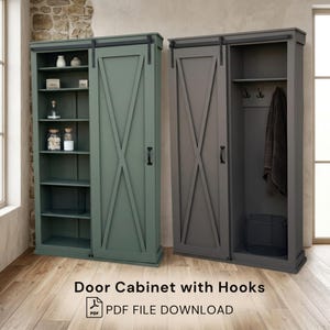 May include: Two wooden door cabinets, one sage green and one gray, with sliding doors and black hardware. The green cabinet has shelves for storage. The gray cabinet has hooks for hanging items. The text "Door Cabinet with Hooks" is at the bottom.