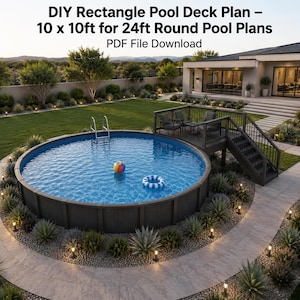 Pode incluir: Um arquivo PDF para download com um plano de deck retangular de 10 x 10 pés para piscinas redondas de 24 pés. A imagem mostra uma piscina circular acima do solo com um deck cinza escuro, escadas, uma escada de metal e uma boia.