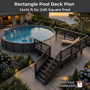 May include: A digital plan for a 14x14 ft rectangle pool deck designed for a 24 ft square pool. The image shows a circular above-ground pool with a blue water surface, a dark gray wooden deck with stairs, a lounge chair, and a PDF download icon.