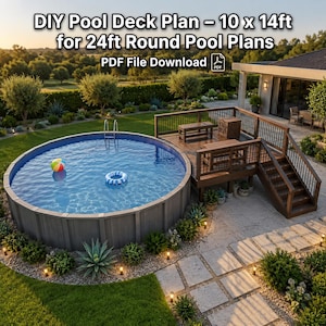 Pode incluir: Um documento digital intitulado DIY Pool Deck Plan - 10 x 14ft for 24ft Round Pool Plans PDF File Download, apresentando uma piscina redonda acima do solo com um deck de madeira, escadas, escada de piscina, uma bola e uma boia azul.