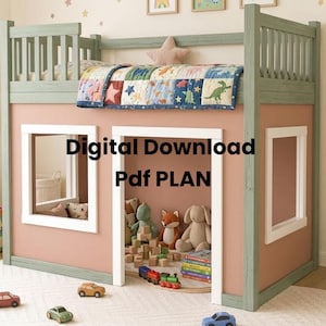 May include: A two-story, pink and green wooden bunk bed with a playhouse design. The bed features a quilt with star and dinosaur patterns, and the text "Digital Download Pdf PLAN". The lower level is filled with toys.