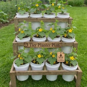 Puede incluir: Un jardinera de madera de tres niveles con plantas de pepino. Cada nivel tiene tres macetas blancas con hojas verdes y flores amarillas. La jardinera tiene un aspecto de madera envejecida y una etiqueta de descarga digital.