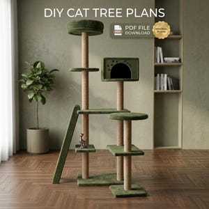 Può includere: Progetti fai-da-te per un tiragraffi per gatti in formato PDF digitale. La struttura presenta piattaforme verde oliva, un rifugio rettangolare con ritagli a forma di zampa, una rampa e pali tiragraffi verticali in sisal.