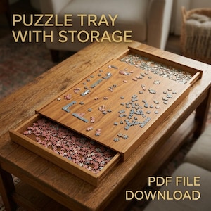 May include: A wooden puzzle tray with storage, partially filled with puzzle pieces. The tray has a pull-out drawer filled with puzzle pieces. Text on the image reads "PUZZLE TRAY WITH STORAGE" and "PDF FILE DOWNLOAD".