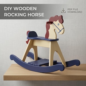 May include: A wooden rocking horse featuring a light tan body, a dark red mane and tail, and dark blue rockers, seat, and footrest. The text DIY WOODEN ROCKING HORSE and PDF FILE DOWNLOAD are visible at the top of the image.