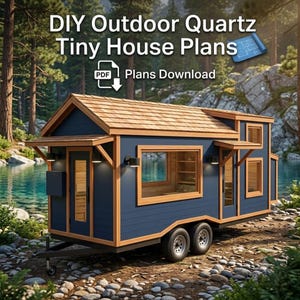 May include: A blue tiny house on wheels with light wood trim, a gabled roof, and multiple windows. The text reads: DIY Outdoor Quartz Tiny House Plans, PDF Plans Download. The structure is positioned on a rocky shore near a lake and forest.