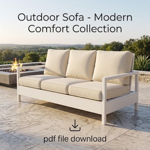 May include: White outdoor sofa with cream-colored cushions. The sofa has a modern design with a rectangular frame and three seat cushions. The text "Outdoor Sofa - Modern Comfort Collection" is at the top of the image.