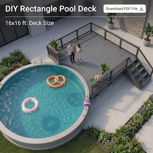 May include: A gray rectangular pool deck with a railing and stairs, featuring the text DIY Rectangle Pool Deck and 16x16 ft. Deck Size. A circular swimming pool sits adjacent to the deck, containing a pretzel-shaped float and a donut-shaped float.