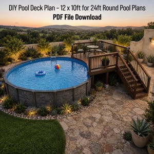 Projeto de deck retangular para piscina (faça você mesmo) | 12 x 10 pés para piscina redonda de 24 pés (download em PDF)