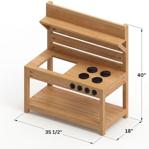May include: A wooden play kitchen with a light brown finish. It features a countertop with four black stovetop burners and four black knobs. The kitchen measures 35 1/2 inches wide, 18 inches deep, and 40 inches high.