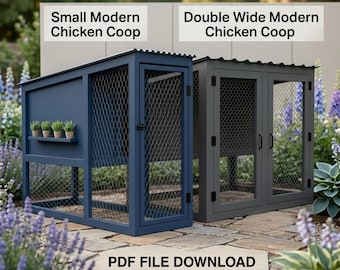 May include: Two modern chicken coops, one blue and one gray, stand side-by-side. The blue coop has a small shelf with potted plants. Both coops have wire mesh sides and the text "Small Modern Chicken Coop" and "Double Wide Modern Chicken Coop". The text "PDF FILE DOWNLOAD AVAILABLE" is also present.