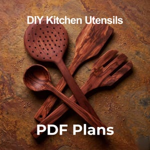 May include: Wooden kitchen utensils, including a slotted spoon, spatula, fork, and ladle, are arranged on a textured surface. The text "DIY Kitchen Utensils" and "PDF Plans" are displayed in white. The utensils are a rich brown color.
