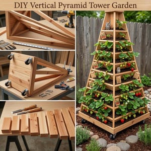 Puede incluir: Un jardín vertical en forma de torre piramidal de madera clara, lleno de plantas de fresas y fresas rojas maduras. La torre tiene múltiples niveles y está sobre ruedas. La imagen también muestra el proceso de construcción con herramientas y materiales.