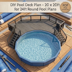 May include: A digital rendering of a 20 x 20ft pool deck plan for 24ft round pool plans. The image shows a gray wooden deck with black railings and two sets of stairs surrounding a blue circular pool, accompanied by drafting tools and blueprints.