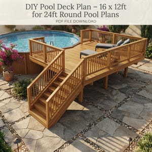 Planta de deck para piscina retangular | 16 x 12 pés para piscina redonda de 24 pés (Planta em PDF)
