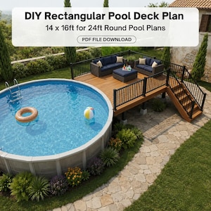 Projeto de deck retangular para piscina (faça você mesmo) de 14 x 16 pés para piscina redonda de 24 pés (download em PDF)