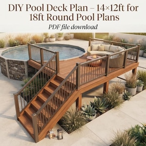 Projeto de deck para piscina de 14 x 12 pés para piscina redonda de 18 pés | Projeto em madeira em PDF (Download instantâneo)