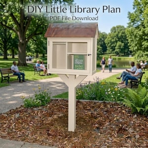 Könnte beinhalten: Ein DIY Little Library Plan als PDF-Download, bestehend aus einem cremefarbenen Holzkasten mit braunem Dach, einer Glastür und einem Regalbrett mit dem Buch Silent Spring von Rachel Carson, montiert auf einem einzelnen Holzpfosten.