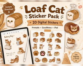 Pakiet naklejek Loaf Cat | 20 ręcznie rysowanych obrazów PNG z piekarniami (do pobrania w wersji cyfrowej)