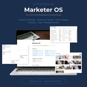 Könnte beinhalten: Ein Laptop mit der Notion-Vorlage "Marketer OS", beschrieben als "Ihre All-in-One Marketing-Kommandozentrale". Der Bildschirm zeigt Inhaltskalender, Umsatz-Tracker, Kunden-Tracker, Projekte, Ziele und Wochenübersicht. Der Hintergrund ist dunkelblau.
