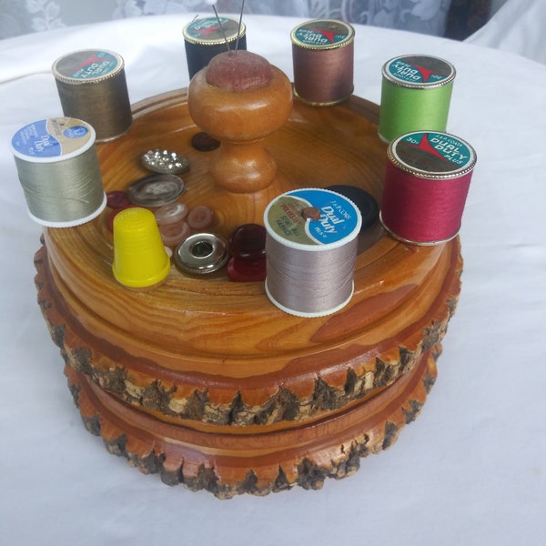 Vintage Wood Sewing Box: Primitive Thread Caddy with Pincushion