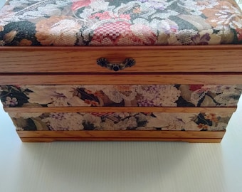 Vintage Wooden Sewing Box: Tapestry Pin Cushion Jewelry Storage