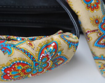 Luggage Handle Wrap Set of 2, Blue, red, gold paisley patterned on beige background