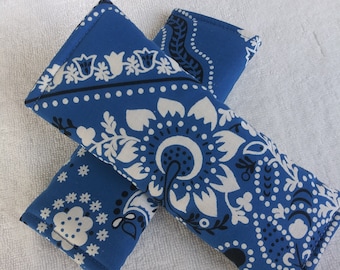 Luggage Handle Wrap Set of 2, White Floral pattern on blue background