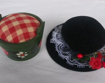 Set of 2 Vintage  Pin Cushion /Hat Pin Cushion and Wooden Round Box Pin Cushion