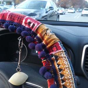Boho Steering Wheel Cover Multicolored Patchwork  patterned and Stone Keychain
