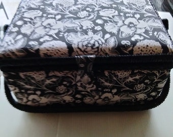 Vintage  sewing basket Fabric Covered   Black White Flowers patterned