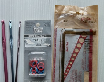 Vintage Susan Bates knitting  set 5 pieces: crochet hooks ,Sttitch Markers ,knit chek