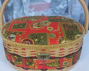 Vintage  sewing basket Fabric Covered Orange,Black,Yellow  Floral Sewing Caddy