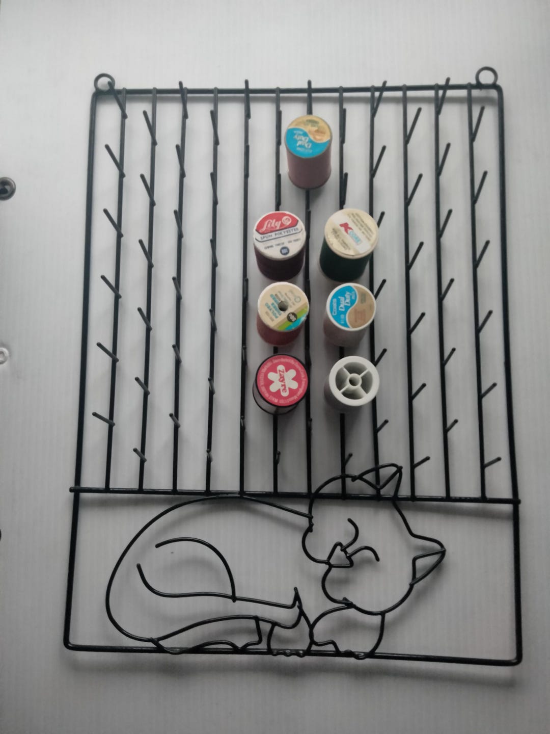 Vintage Black Metal Thread Spool Storage for Wall With Sleeping Cat ...