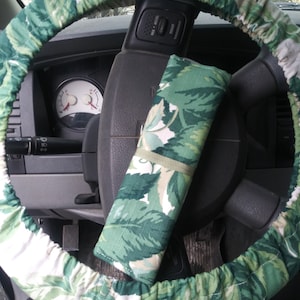 Steering Wheel Cover and Seatbelt covers car 1 each Green leaves pattern