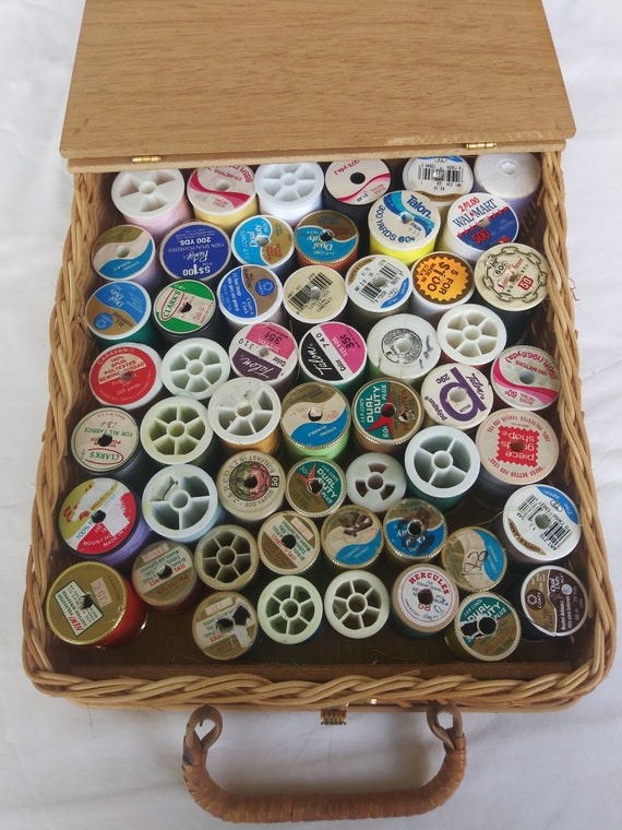 Vintage Wooden Thread Box With 52 Spools of Sewing Thread Assorted