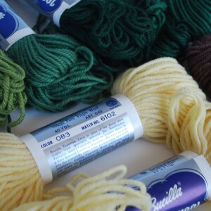May include: Close-up of several spools of Bucilla Ever-Match embroidery floss in various colors, including green, yellow, brown, and white. The spools have labels with the brand name, color number, and yardage.