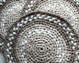 Brown and White set of 4 chair pads, crocheted rag rug custom chair pads