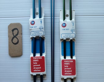 May include: Two sets of knitting needles, one set is blue and the other is green. Both sets are 10 inches long and made of aluminum. The packaging says "Perfection Points help prevent dropped stitches".
