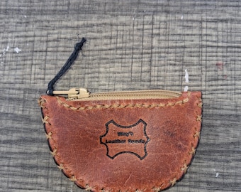 Leather Orange Brown Change Purse, Handmade Zip Wallet, Small Pocket Holder, Minimalist Accessory
