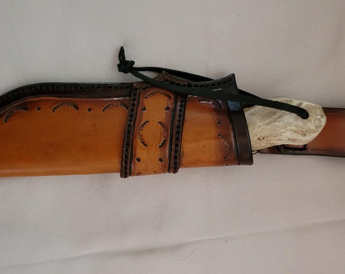 Featured listing image: Hunting Knife with Handmade Belt Sheath with Deer Antler Handle Plus Gut Hook