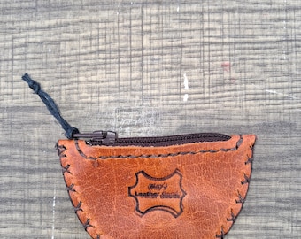 Leather Coin Purse, Orange Brown Wallet, Handmade Zip Holder, Minimalist Accessory