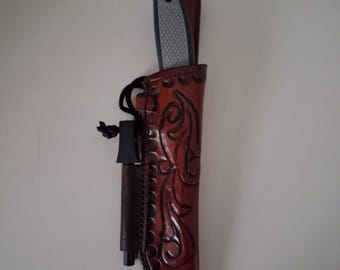 Handmade Bushcraft Knife with Tooled Leather Sheath and Ferro Rod
